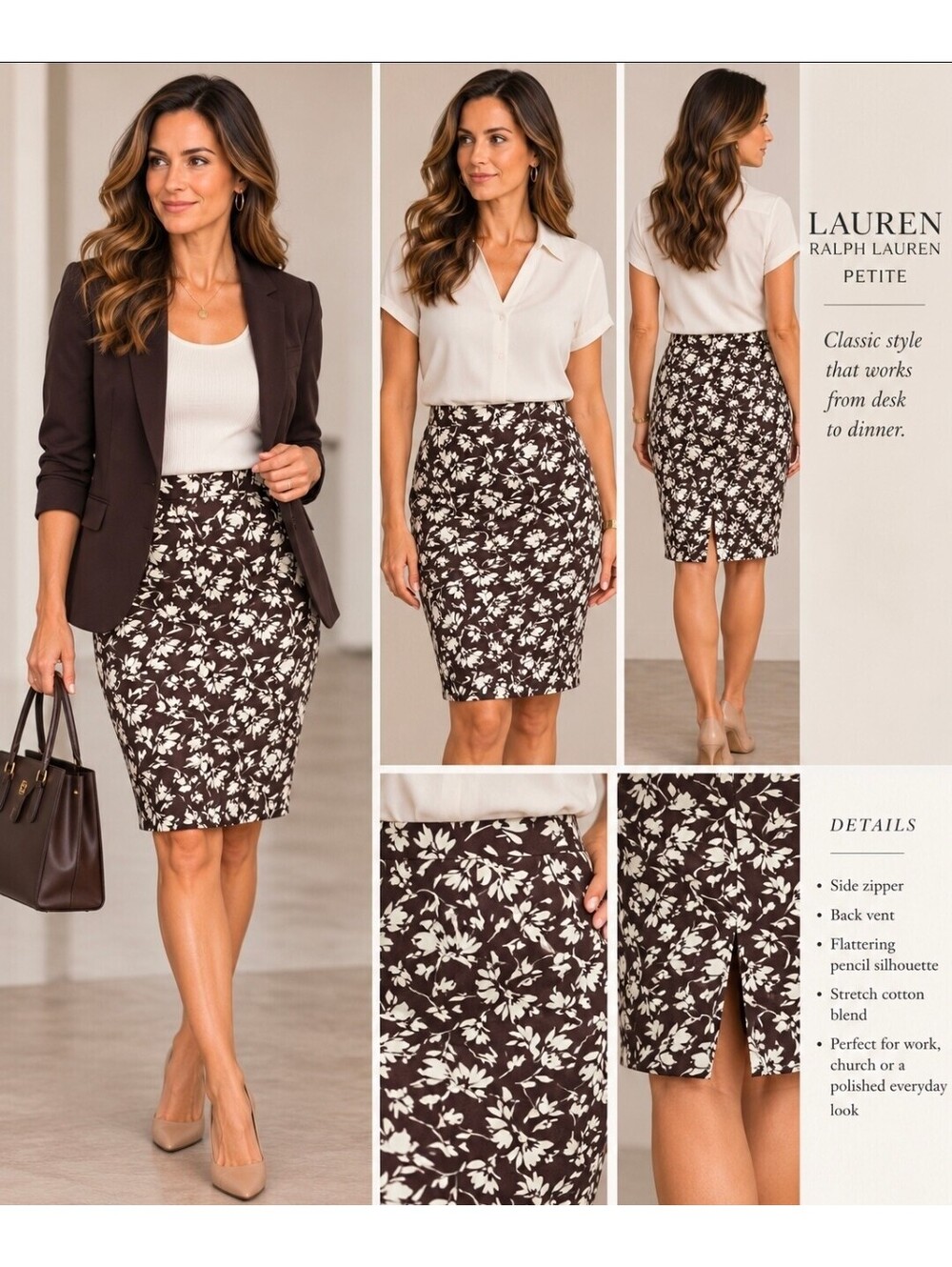 Lauren Ralph Lauren Petite 12P Brown Cream Floral Pencil Skirt Stretch Cotton